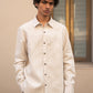 A closer look of the man in light beige full sleeved pure linen shirt 