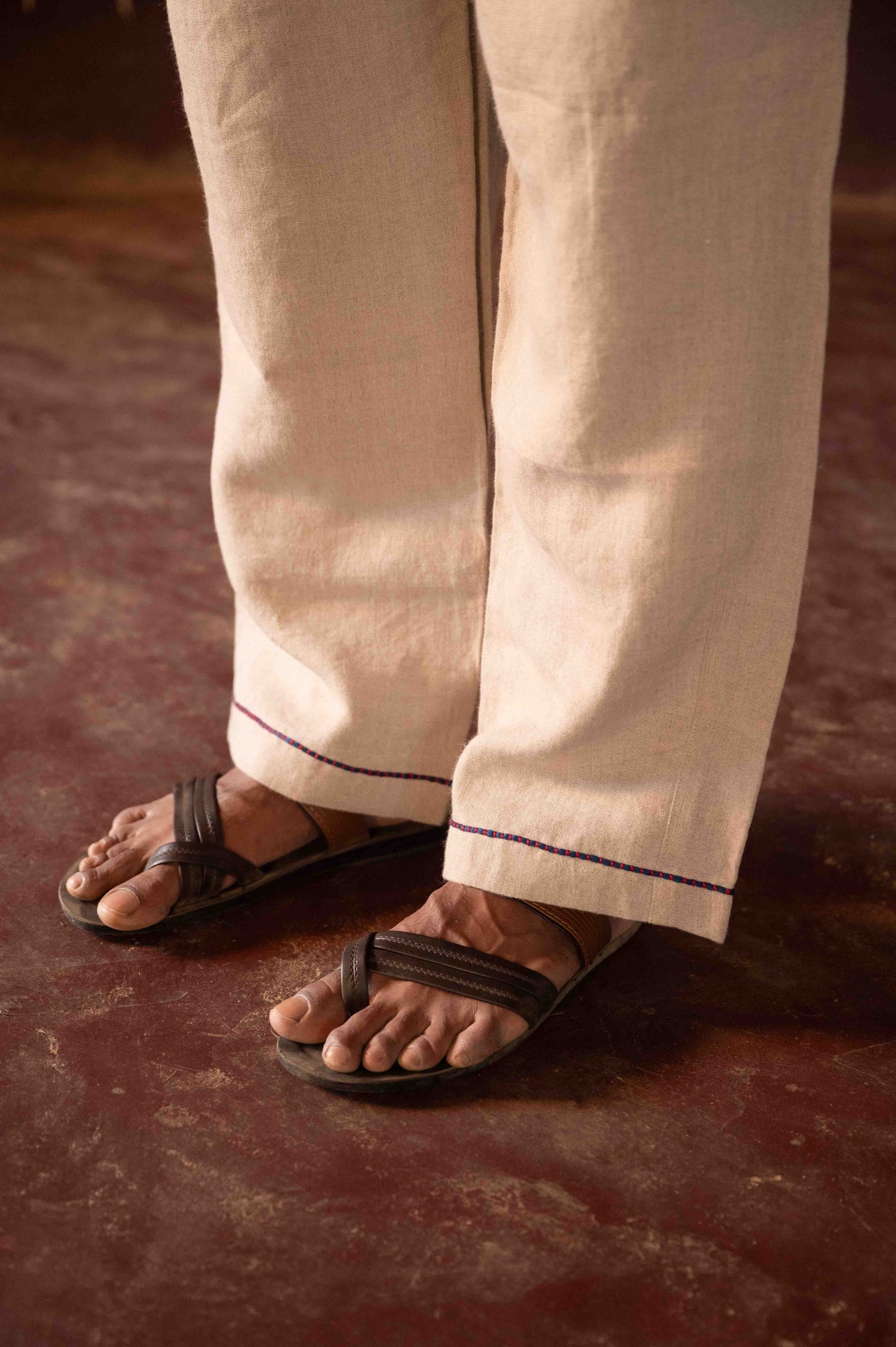 Beige Embroidered Border Linen Lounge Pants