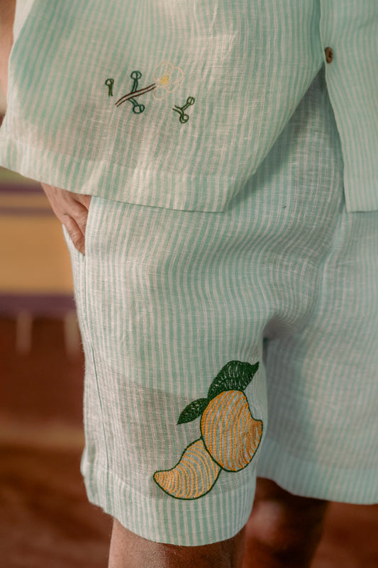 a detailed view of green and white stripes linen shorts with hand-embroidered mangoes and mango flowers.Front view