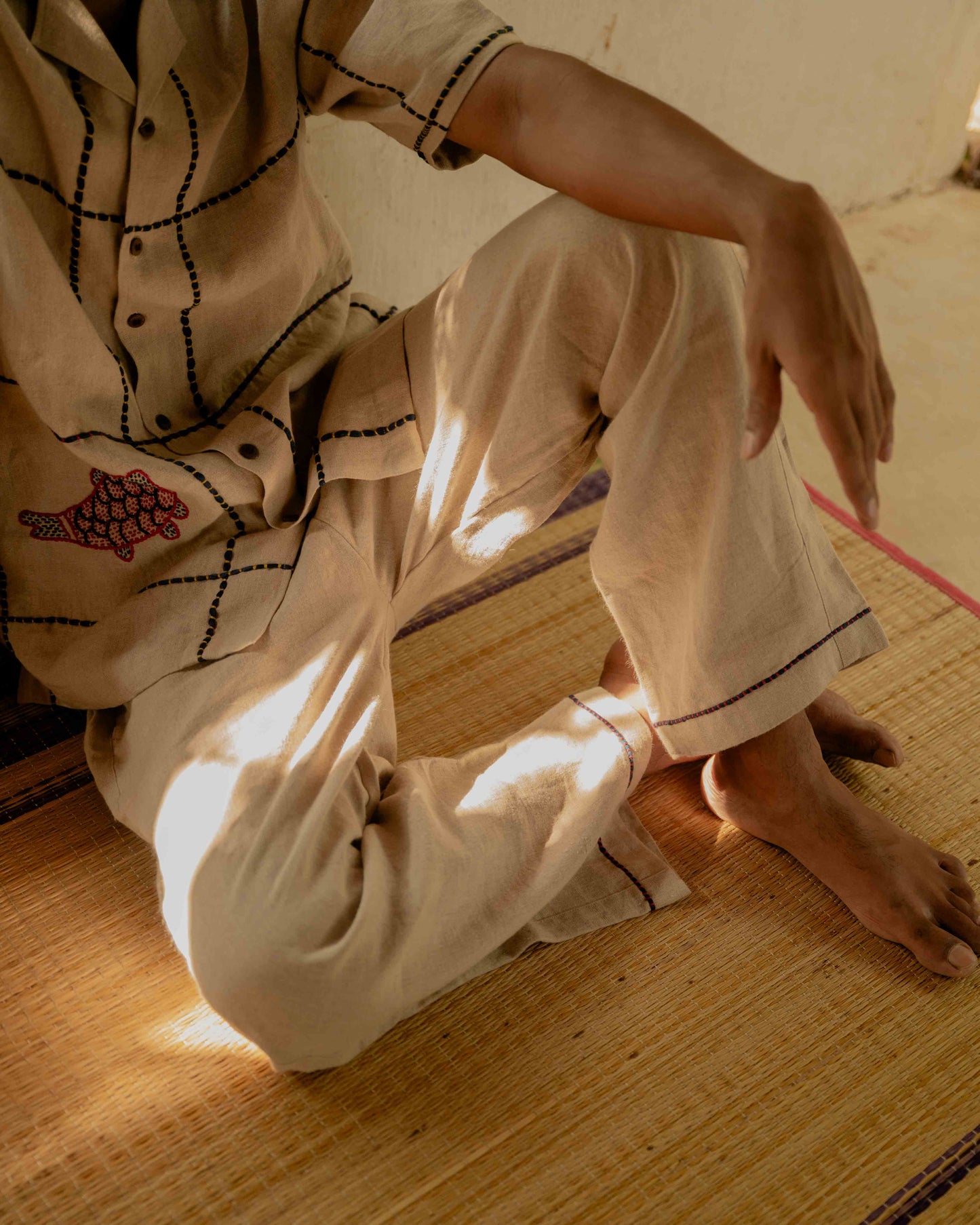 Beige Embroidered Border Linen Lounge Pants