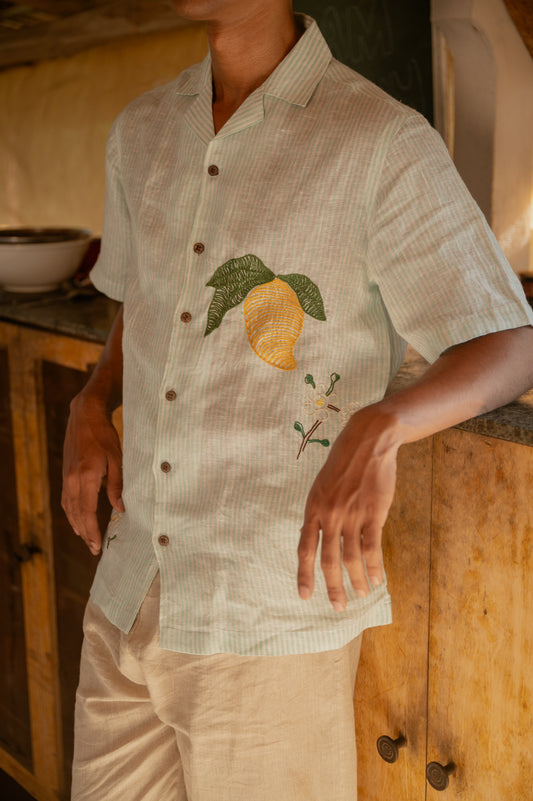 a detailed view of a man wearing green and white stripes linen shirt with embroidered mangoes.