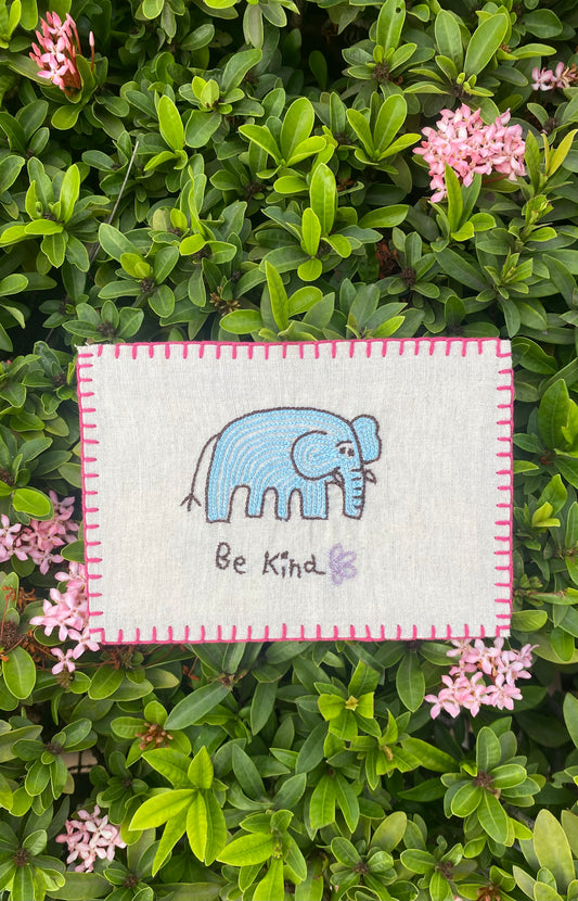 Hand-embroidered postcard featuring an elephant, crafted from sustainable linen, perfect for animal lovers and art collectors