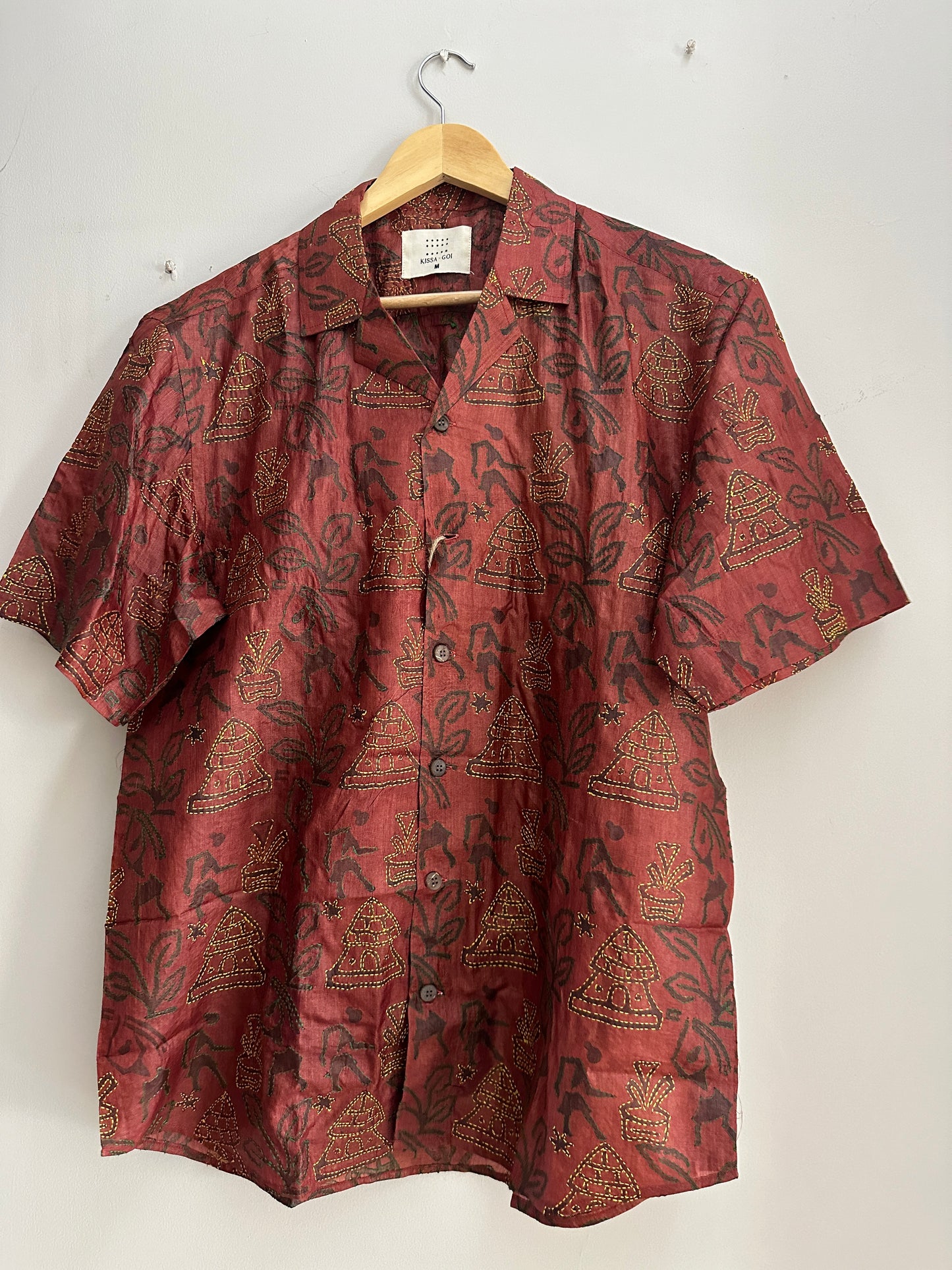 Reddish brown tribal village silk shirt