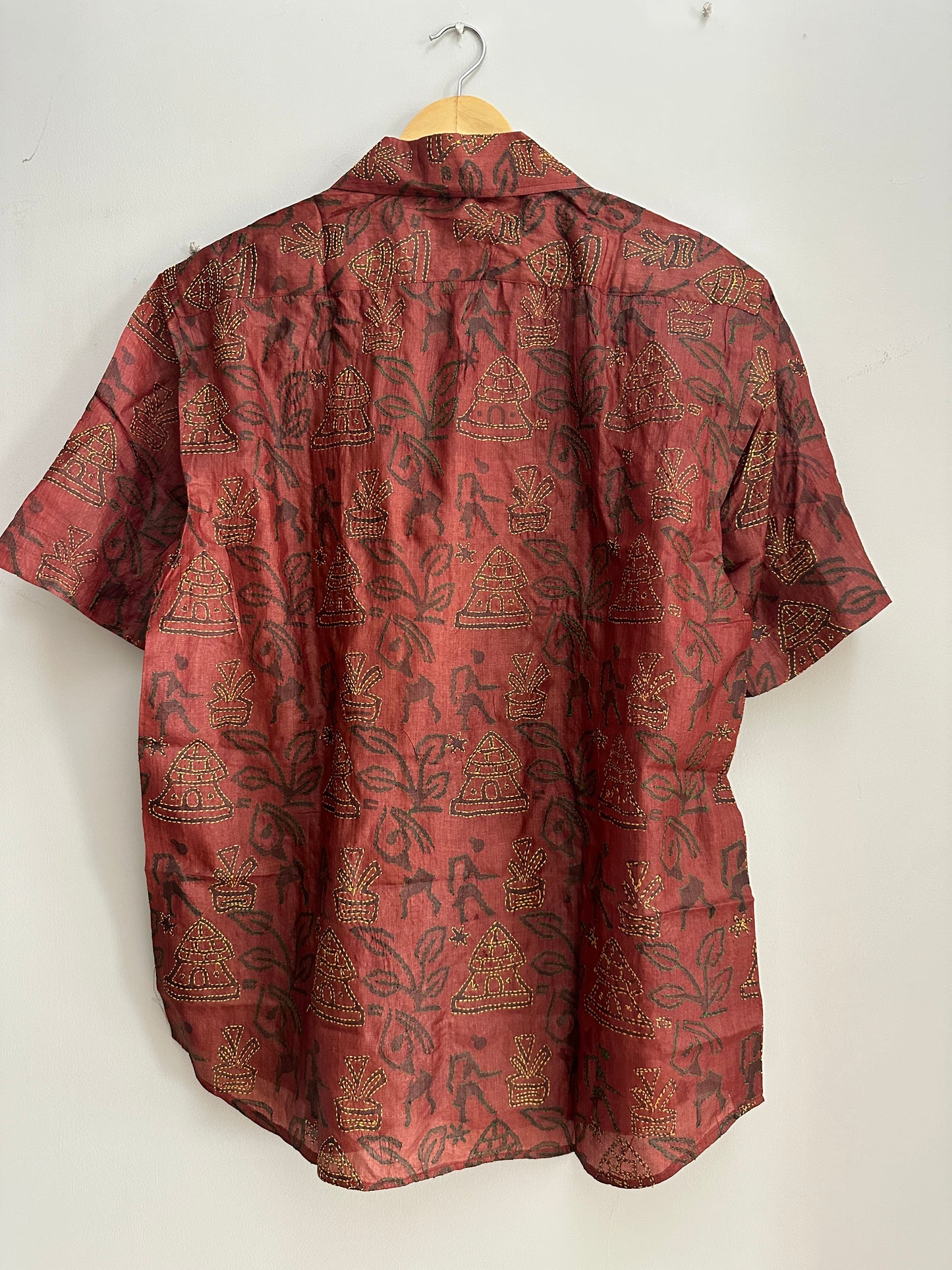 Reddish brown tribal village silk shirt