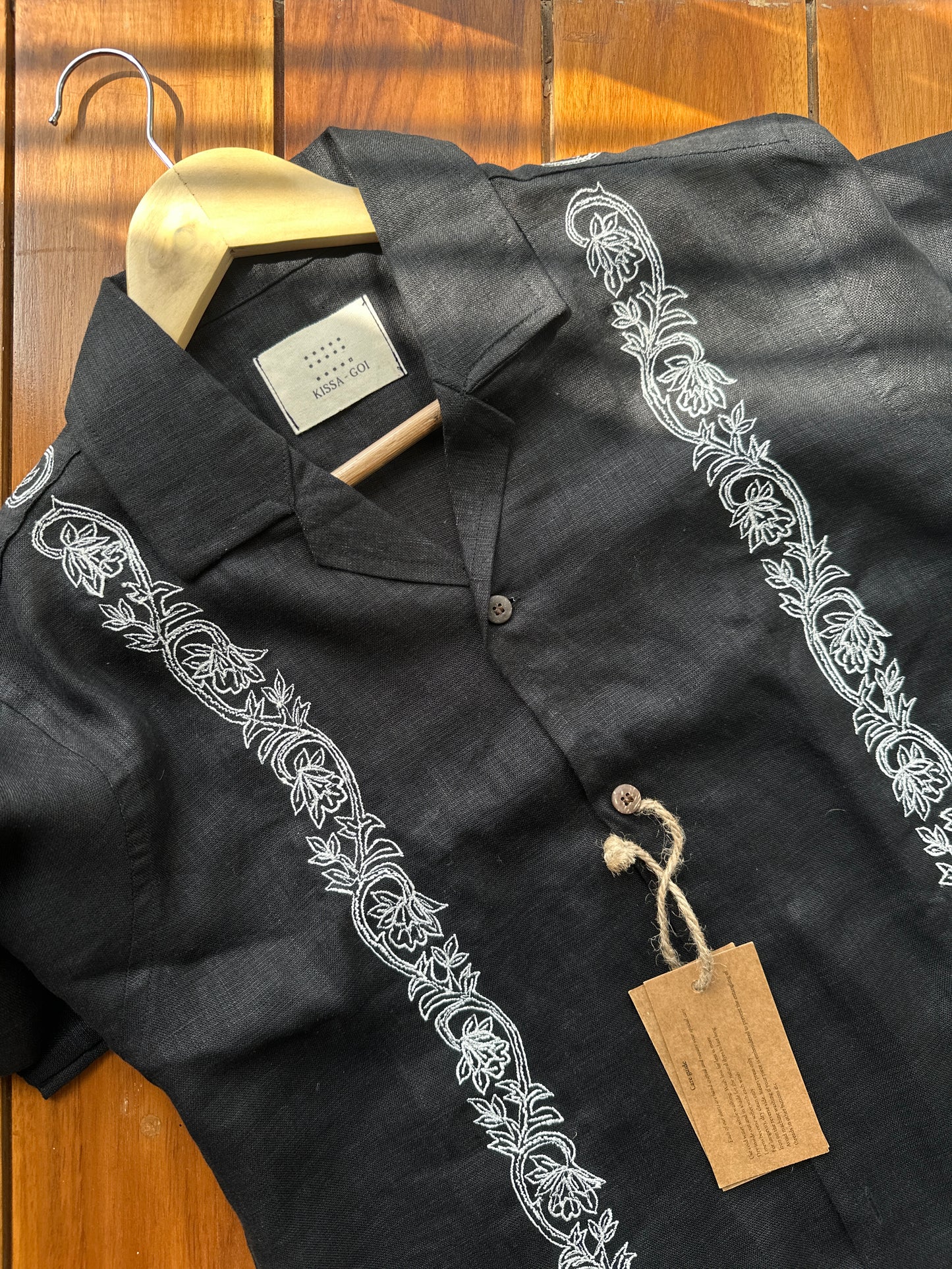 Verticals on black linen shirt