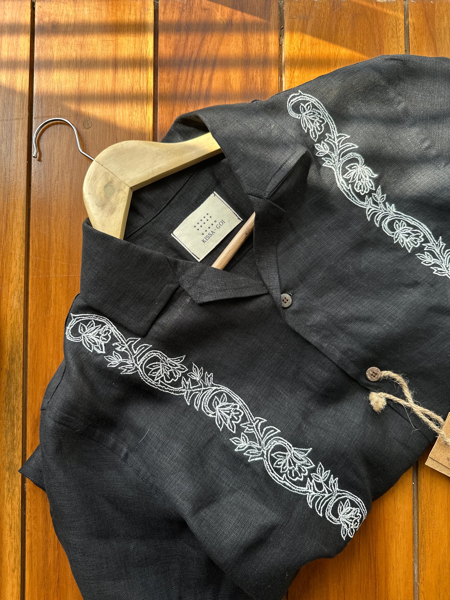 Verticals on black linen shirt