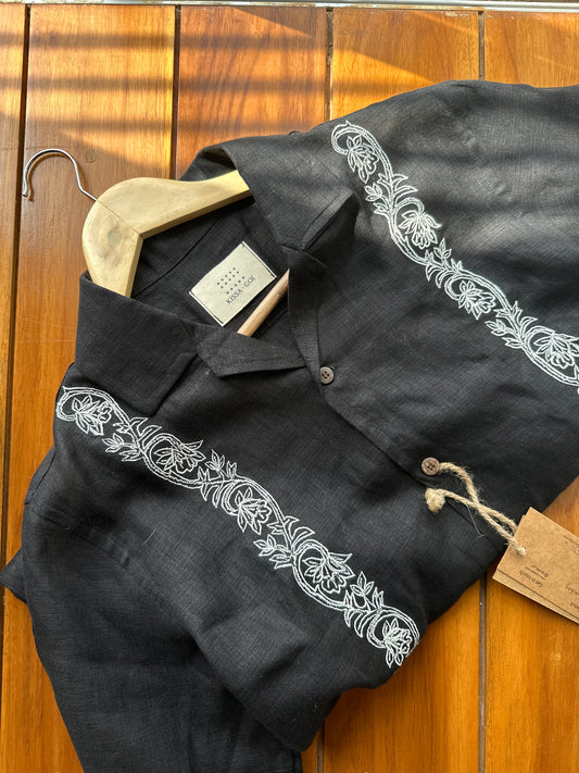 Verticals on black linen shirt