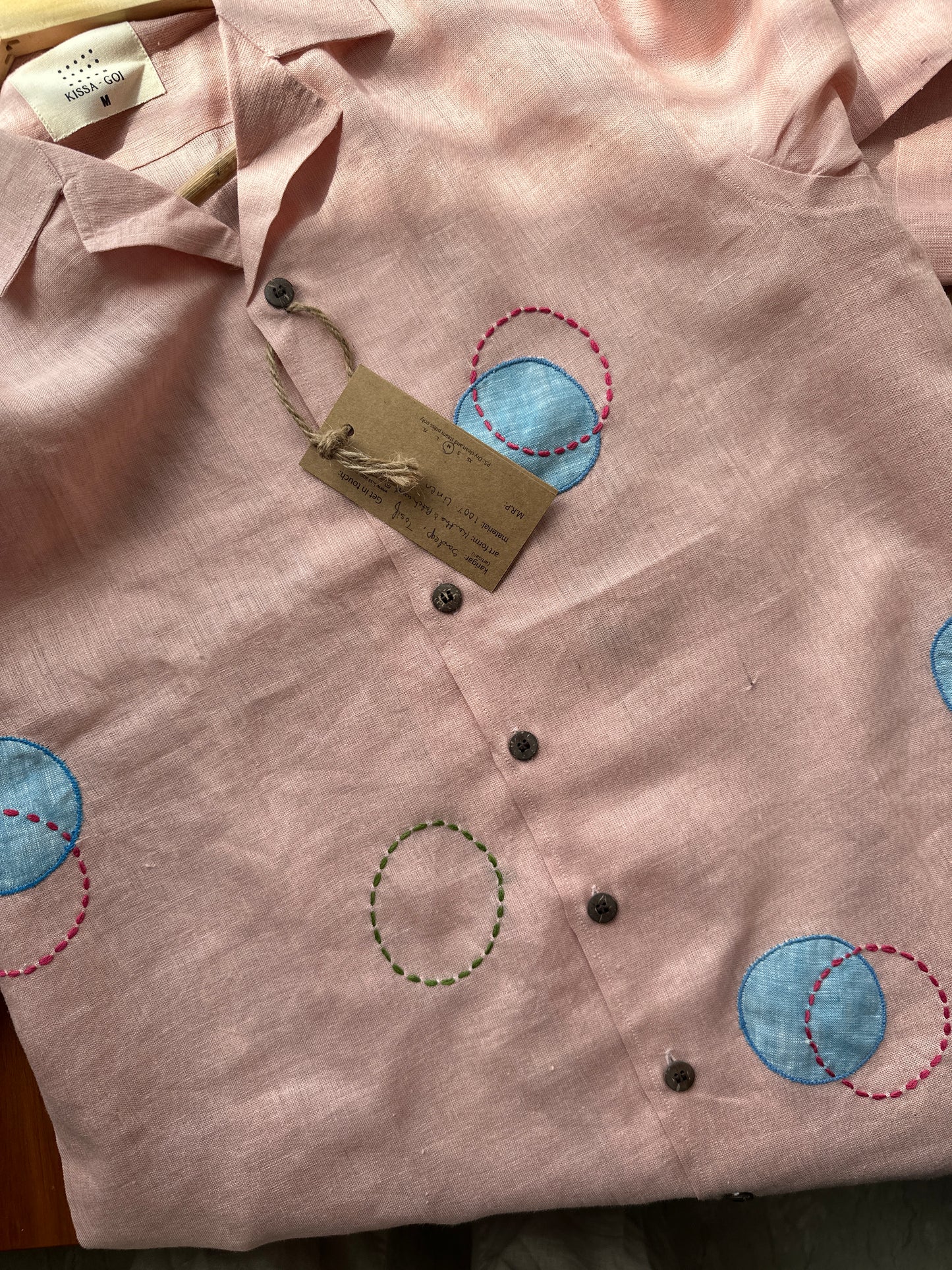 Circles and Disks on peach linen shirt