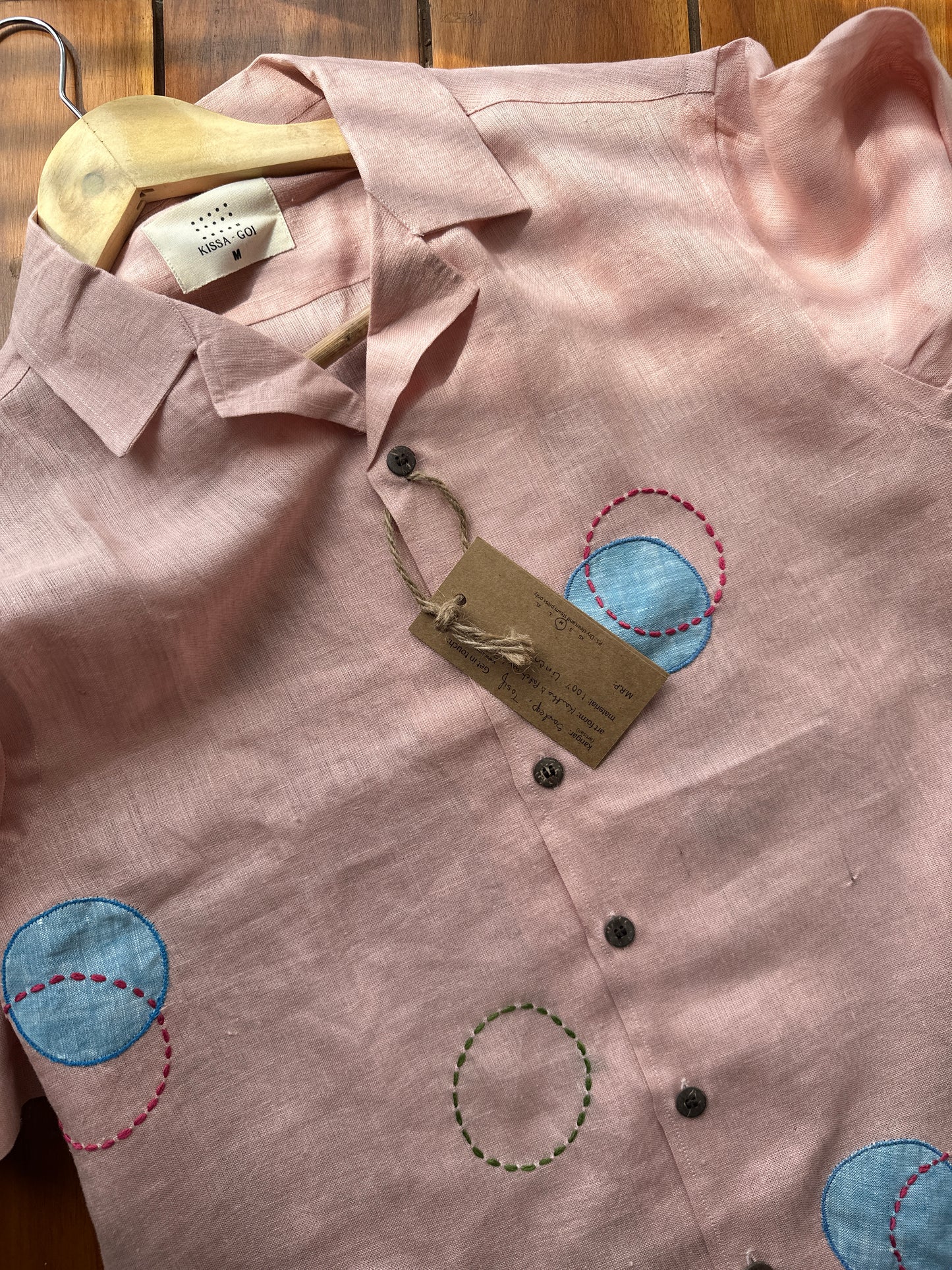 Circles and Disks on peach linen shirt