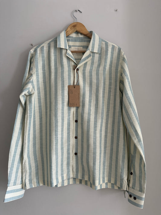 Green and white striped linen overshirt