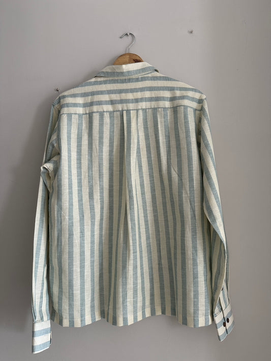 Green and white striped linen overshirt