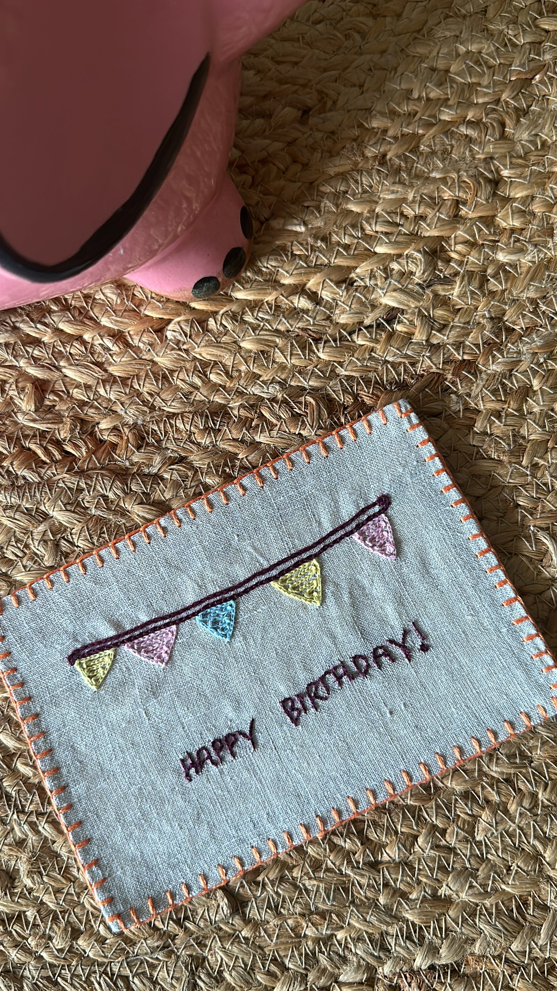 Its party time!!!, Hand embroidered, Fabric scraps, Postcard