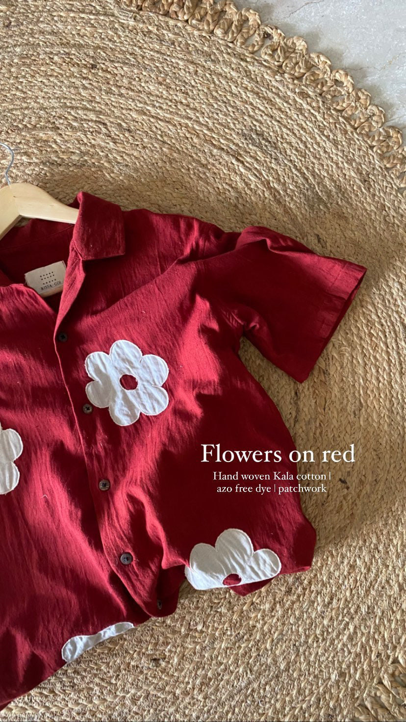 Patchwork flowers in red linen shirt