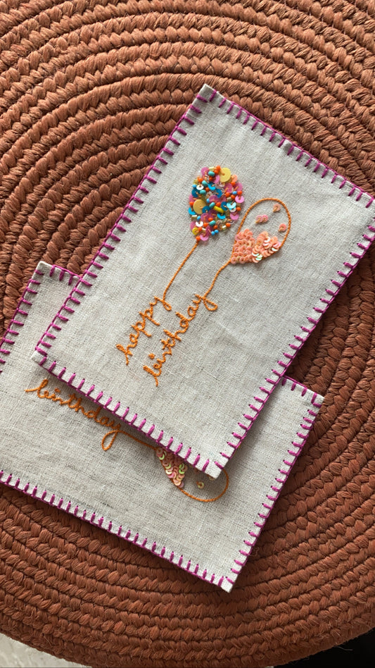 Birthday Balloons, Hand embroidered, Postcard