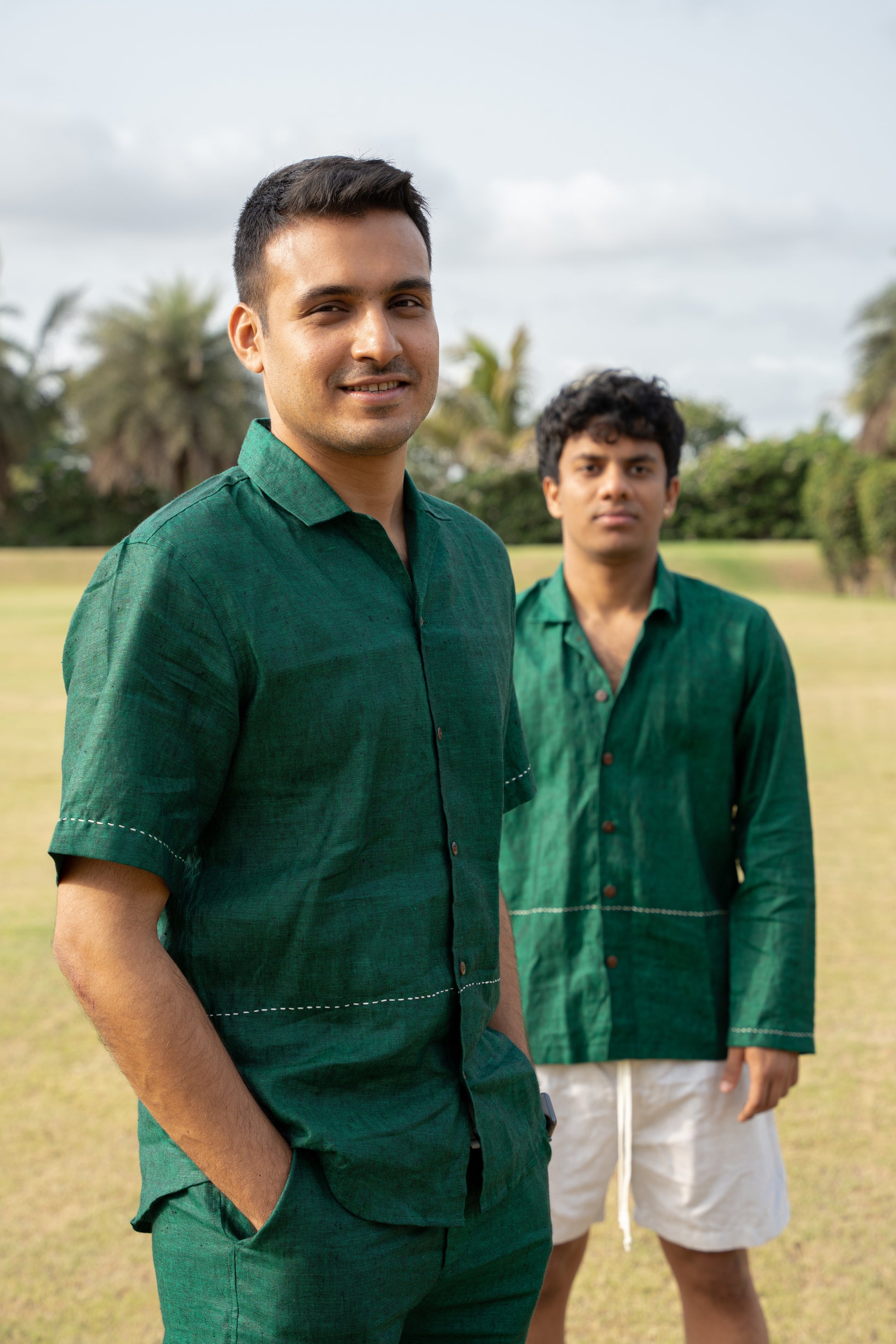 That green shirt, Half sleeve shirt, Material: Linen, Front view