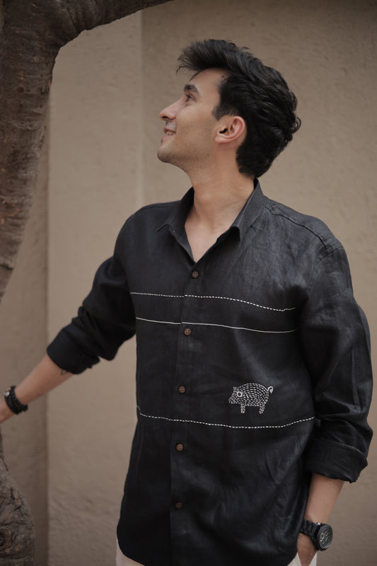 The Piggy Shirt, Long sleeve shirt, Material: Linen, Front view