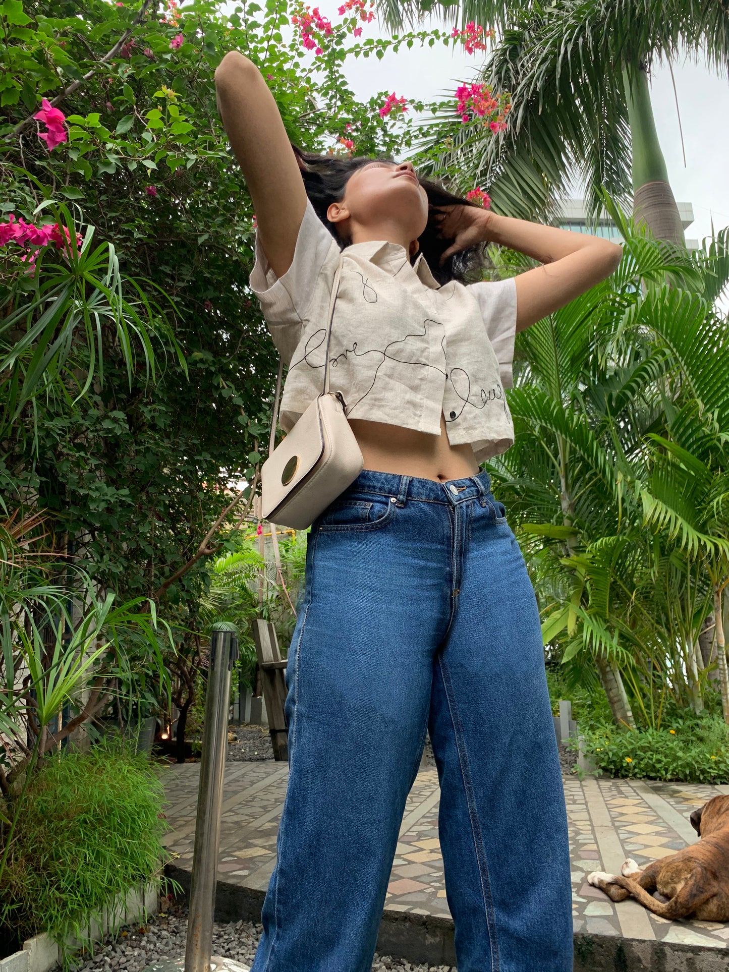 Live, Love, Laugh, Half sleeves, Cropped shirt, Material: Linen