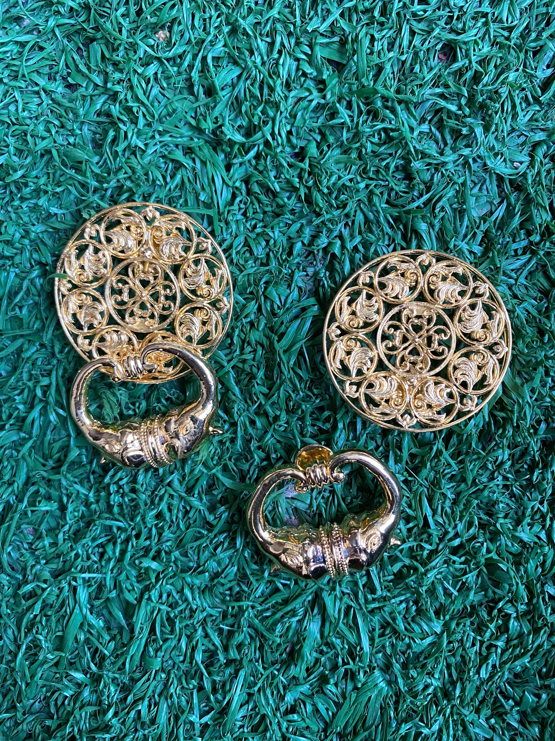 Mistletoe mesh studs, Brass, Gold-plated, Hand-crafted, Earrings