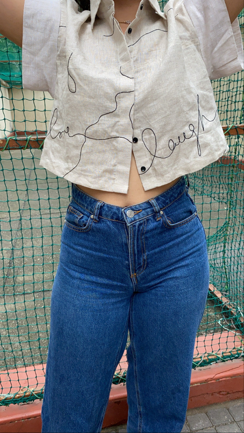 Live, Love, Laugh, Half sleeves, Cropped shirt, Material: Linen, Front view