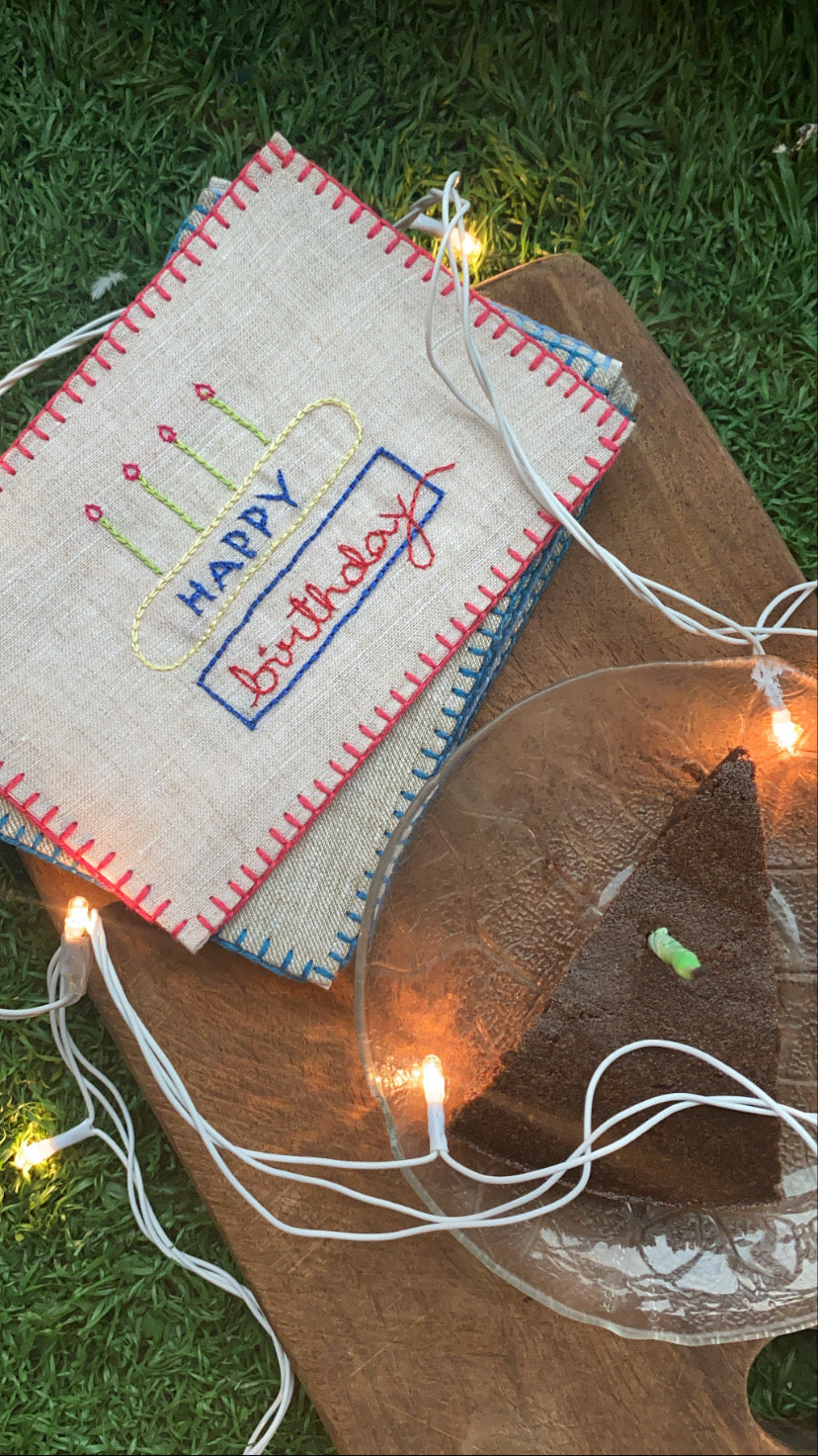 Hand-embroidered postcard depicting a colorful birthday cake, perfect for sending festive birthday wishes