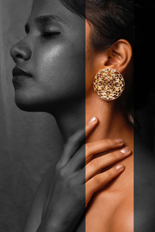 Mistletoe mesh studs, Brass, Gold-plated, Hand-crafted, Earrings